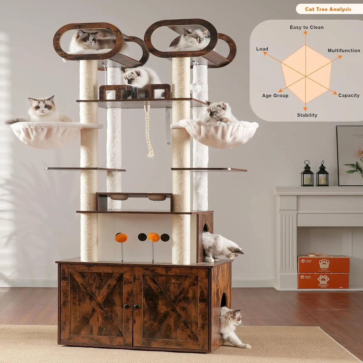 The Habori cat climbing frame with cat litter box storage box. a 76.8-inch wooden Menicos cat tower. equipped with a feeding station and a large platform. modern-style large cat apartment furniture. with a climbing column made of full Nisaal material