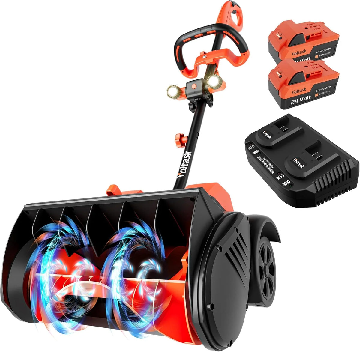 Cordless Snow Shovel with Wheels. 48V | 16-Inch | 4-Ah Brushless Cordless Snow Blower. Battery Snow Blower with Directional Plate & LED Lights (2 * 24V Battery & Dual Quick Charger Included)