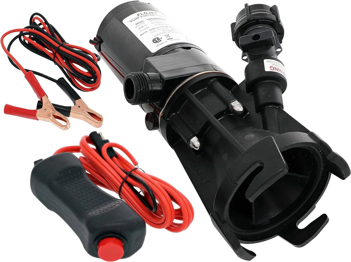 18555-000A - 12V DC waste pump. suitable for camper vans / motorhomes - Can empty a 40-gallon water tank in 5 minutes - Output flow rate 9 gallons per minute - 3/4 inch garden hose interface - Stainless steel grinder. self-priming. remote switch