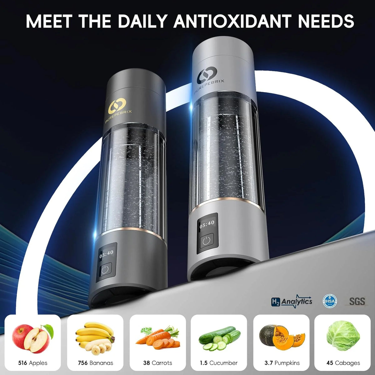 Hydrogen Water Bottle Generator(Silver) - Up to 6360 PPB - Certified H2 Generator- SPE/PEM Technology - - Portable Hydration & Athletic Performance System