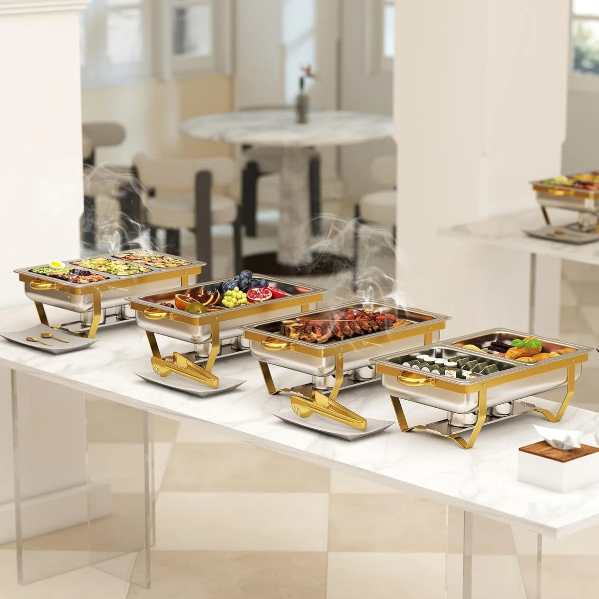 4 Pack Stainless Steel Chafing Dishes for Buffet. 9 QT Capacity 7 Pans Food Warmers for Parties. Weddings. Events Hosting. Family Gatherings. Full Set Catering Server with Serving Utensils Accessories