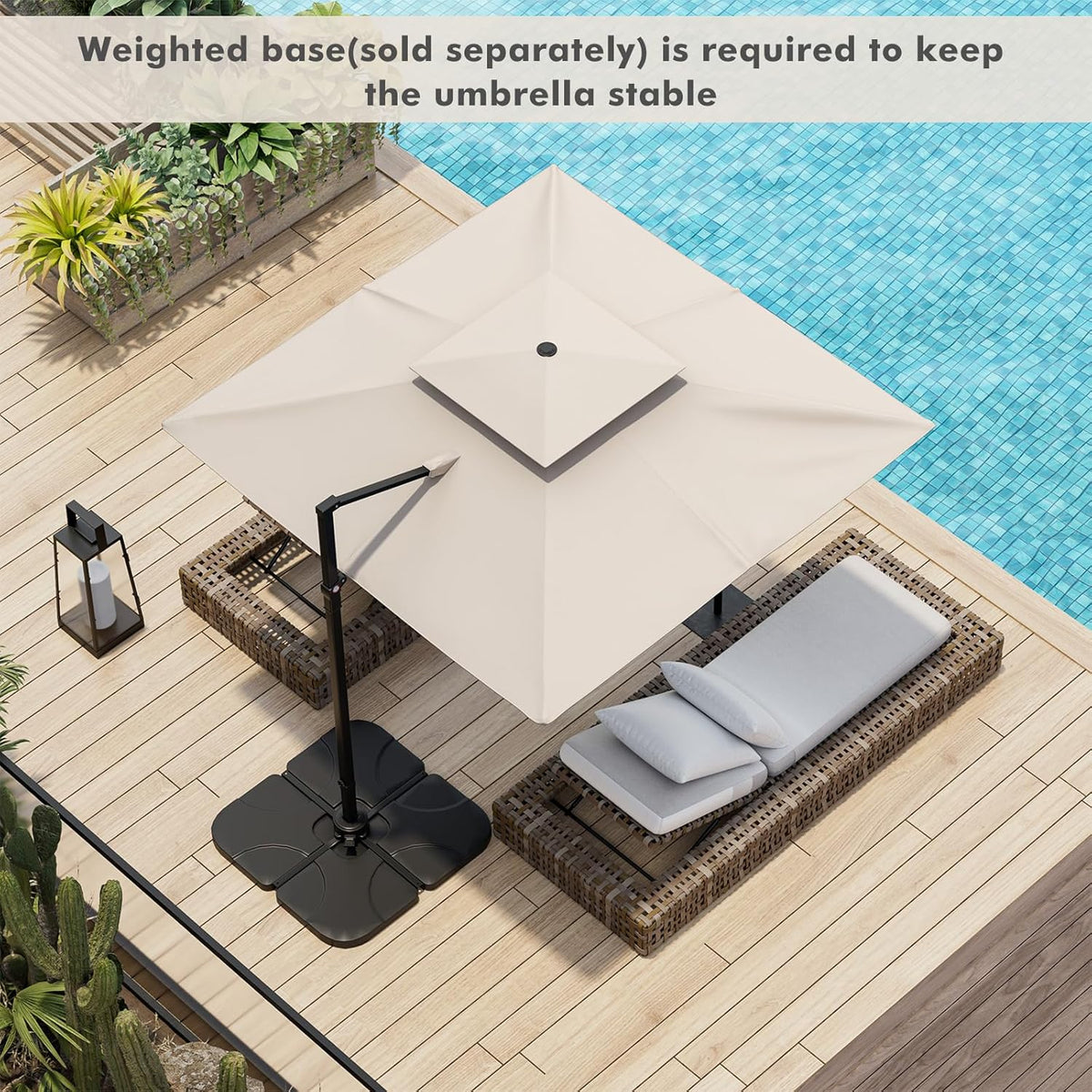 9.5-foot cantilevered patio umbrella. outdoor square offset umbrella. 360° rotatable. double-structured heavy-duty patio hanging umbrella. with cross base. suitable for gardens. patios. swimming pools and backyards.