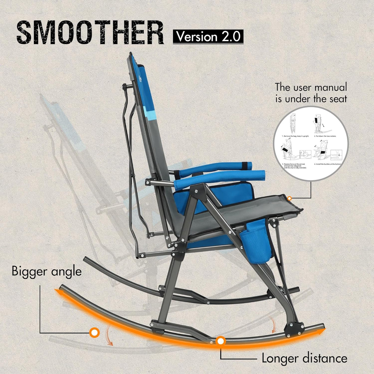Large-sized foldable rocking chair-style camping chair. Portable outdoor rocking chair. equipped with a high back and sturdy armrests. The carrying bag can bear a weight of 300 pounds. The back of the seat has padding. The color is blue.