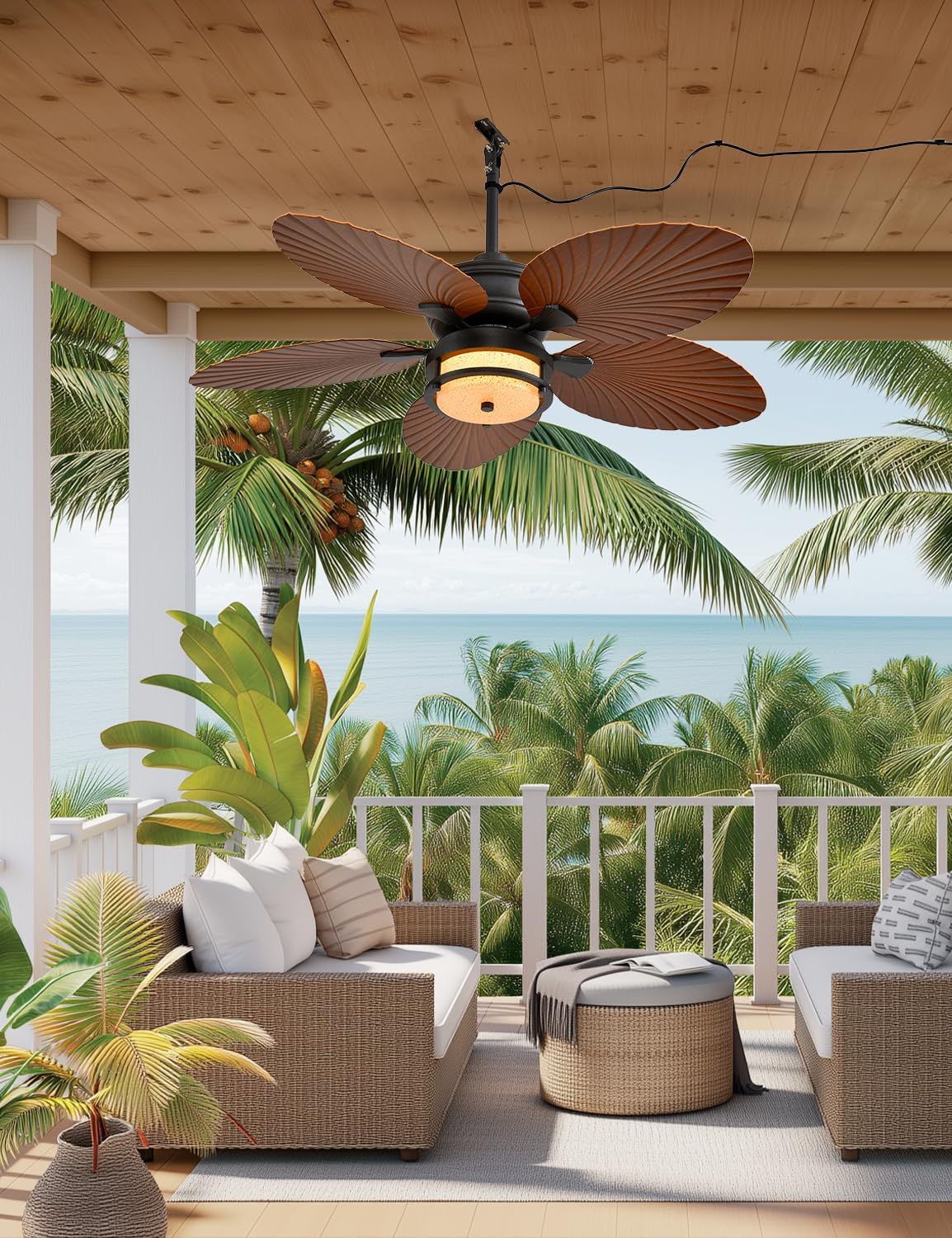 52-inch outdoor ceiling fan - tropical palm leaf fan - plug-in wall-mounted model