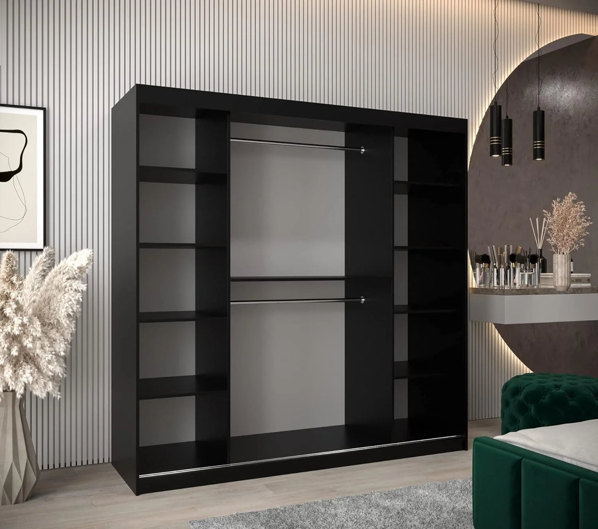 ABIKSMEBLE Verona 4 200 Bedroom Wardrobe with Three Sliding Doors – Modern Storage Cabinet with Mirror. Coat Rack and Shelves – 200 x 200 x 62 cm –
