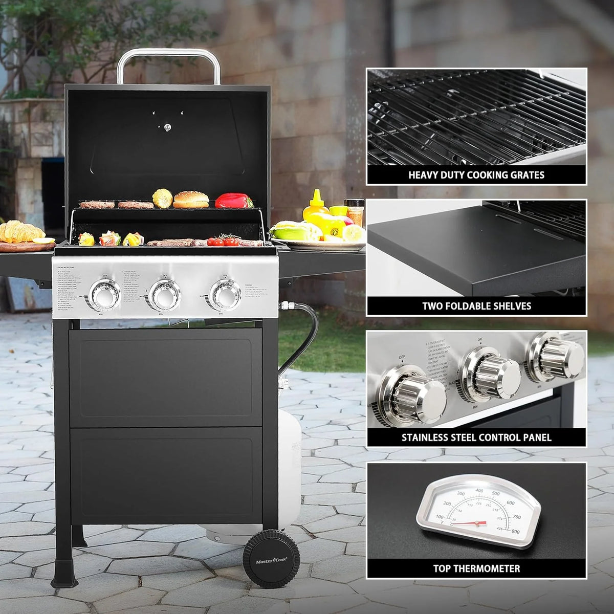 Burner BBQ Propane Gas Grill. Stainless Steel 30.000 BTU Patio Garden Barbecue Grill with Two Foldable Shelves