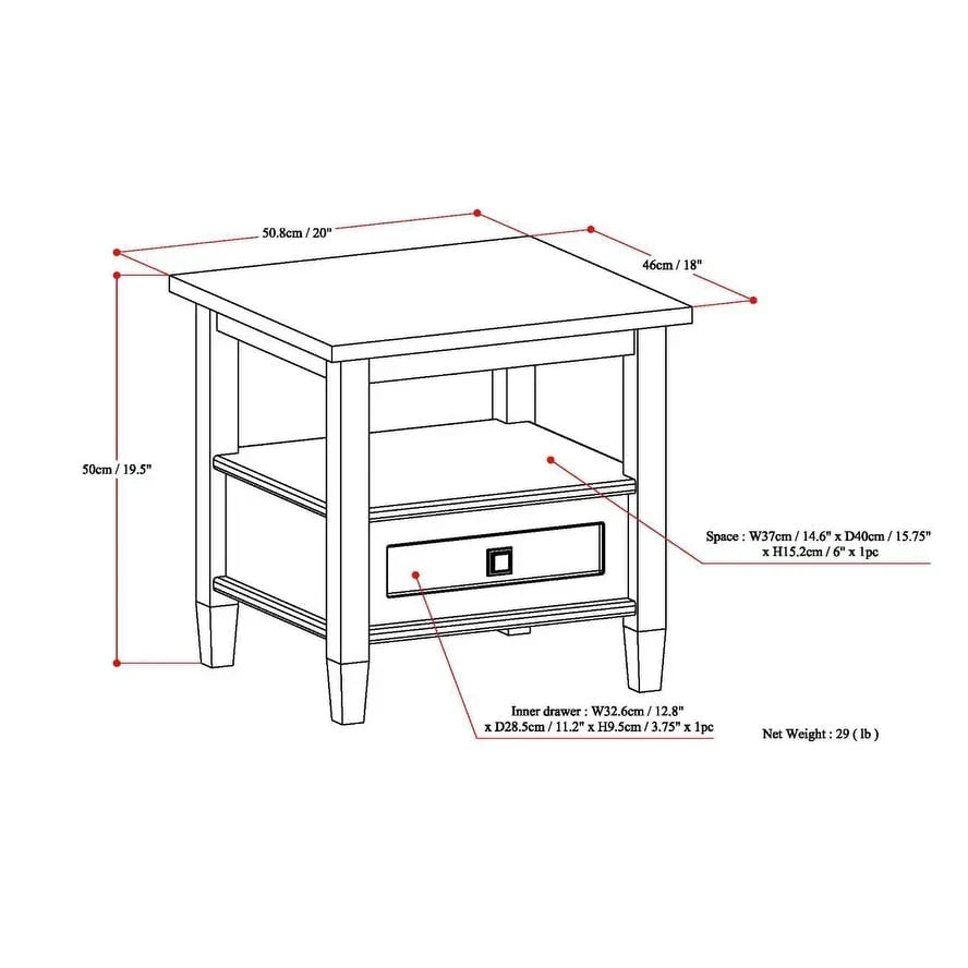 20 Inch Wide Solid Wood Rectangle End Table. Transitional Side Table