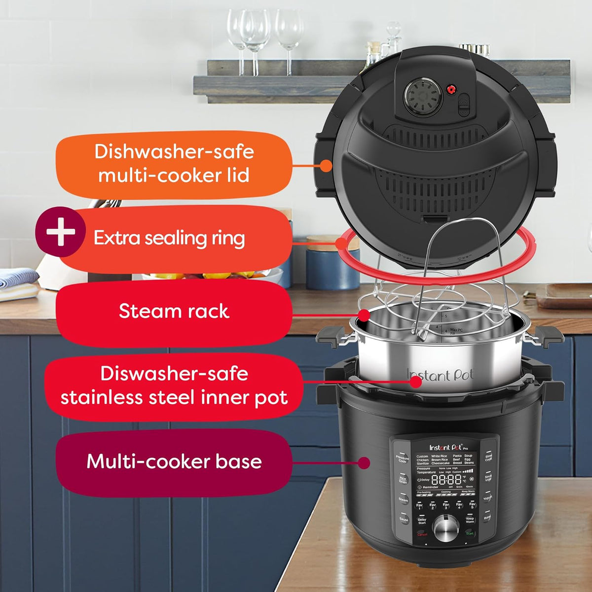 10-in-1 Pressure Cooker. Slow Cooker. Rice/Grain Cooker. Steamer. Sauté. Sous Vide. Yogurt Maker. Sterilizer. and Warmer. Includes App With Over 800 Recipes. Black