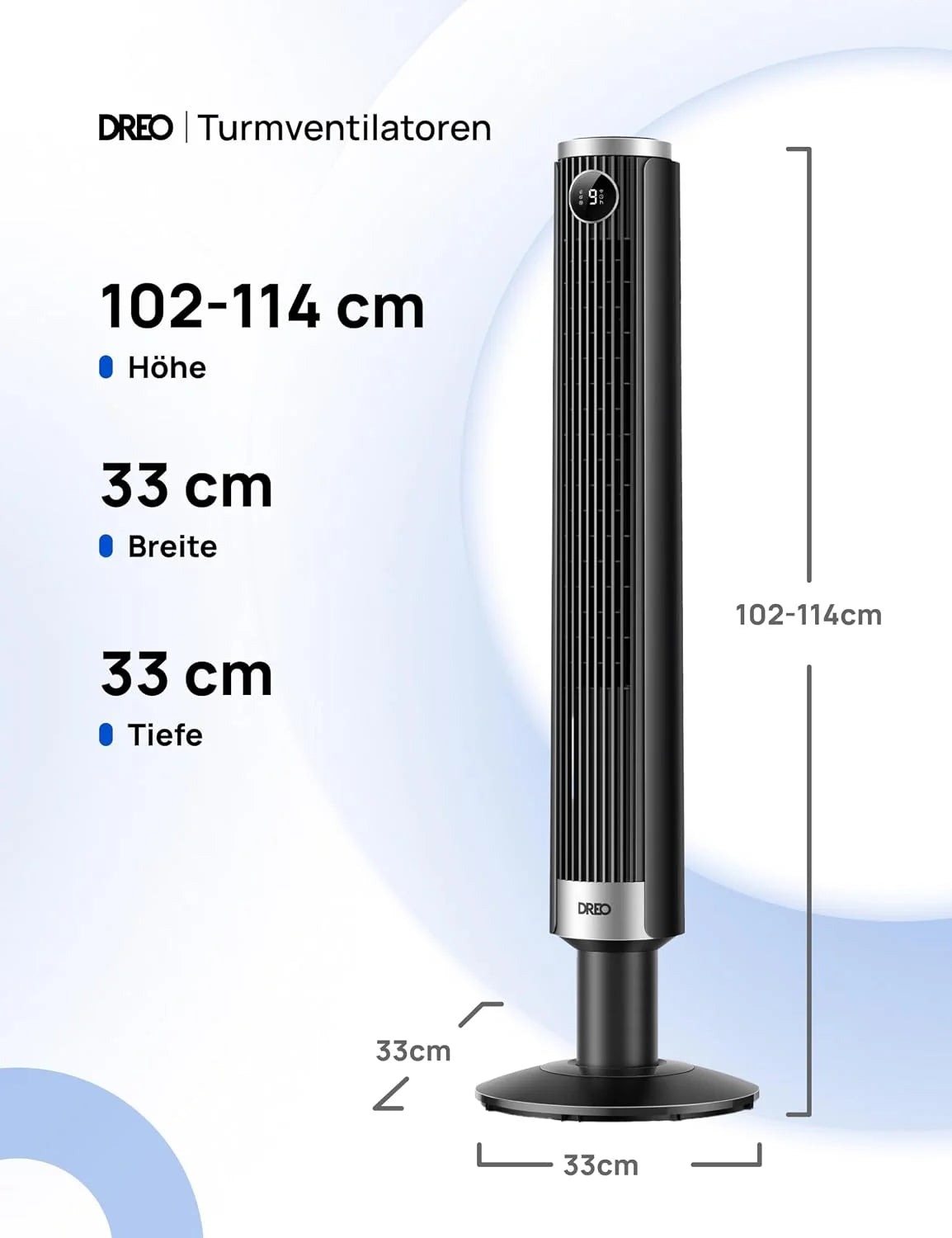 DREO Smart 102–114cm Turmventilator fürs Schlafzimmer. Höhenverstellbar. 8.4m/s. DC-Motor. 9 Stufen. 4 Modi. 90°-Oszillation. Standventilator. 20dB