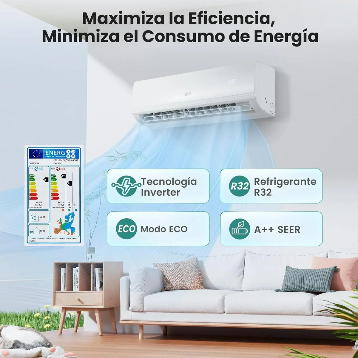 COSTWAY Aire Acondicionado Split. 2.6 kW. Aire Acondicionado con Calefacción con Bomba de Calor.Refrigerante: R32. Calefactor y Refrigerador con Kit