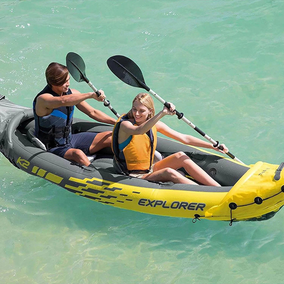 Intex Explorer K2 Kayak. 2-Person Inflatable Kayak Set with Aluminum Oars and High Output Air Pump
