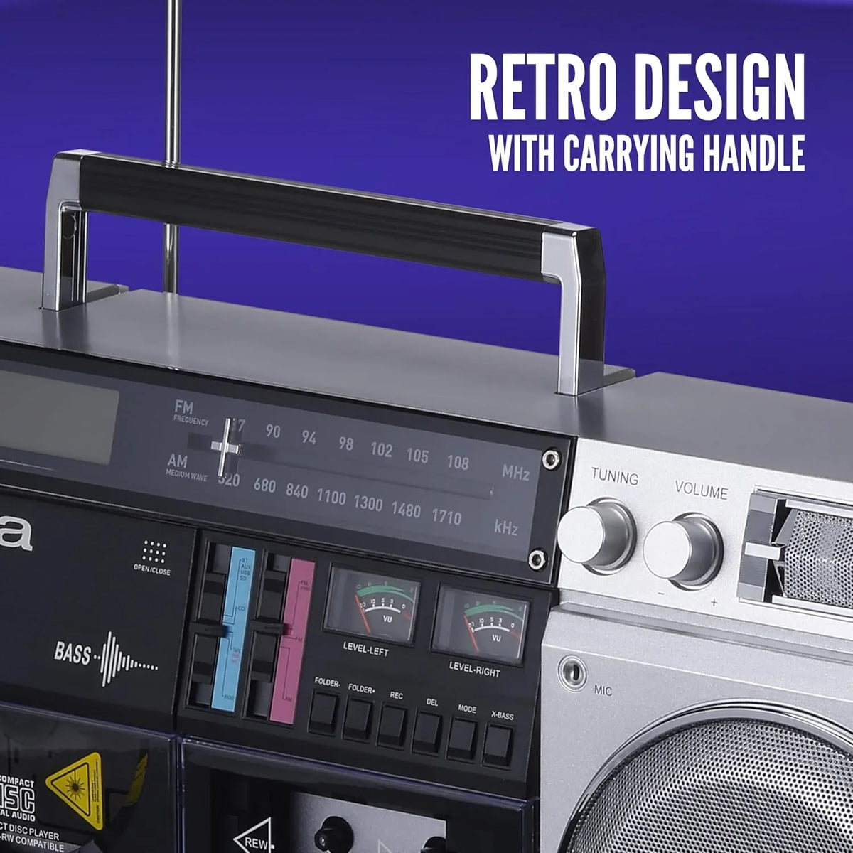 Retro-style portable CD player. featuring tape recording function. Bluetooth 5.0 technology. FM/AM radio. USB/SD/AUX input interfaces. VU meter. LCD display. dual 40-watt speakers - silver