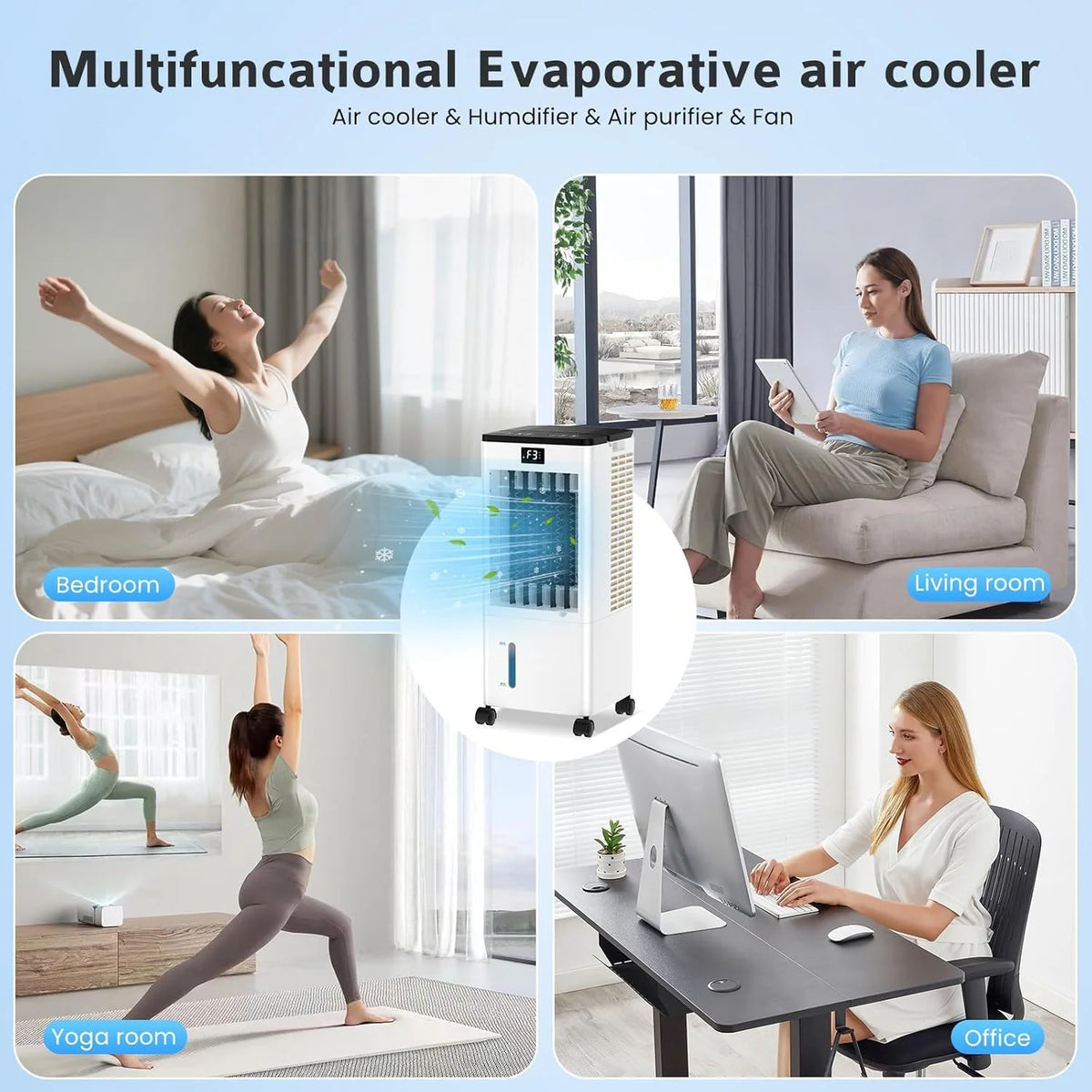 Aire Acondicionado Portátil sin Tubo. Enfriador de Aire Grande 4 en 1. 4 Modos 3 Velocidades. Climatizador Evaporativo 60W. Temporizadores de 1-12 H.