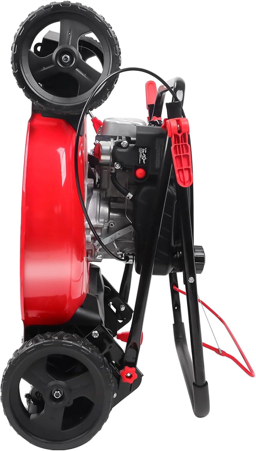 21-inch gas-powered lawn mower. equipped with a 144cc four-stroke all-terrain engine. featuring both crushing and side-discharge functions. with adjustable cutting height ranging from 6 positions.