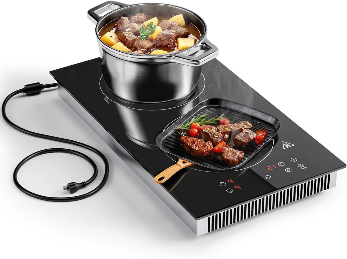 Induction Cooktop 2 Burners. 12 Inch Bulit-in & Countertop Induction Stove with Plug 110V-120V. 9 Power Levels Electric Stove 1800W. Child Lock. Timer