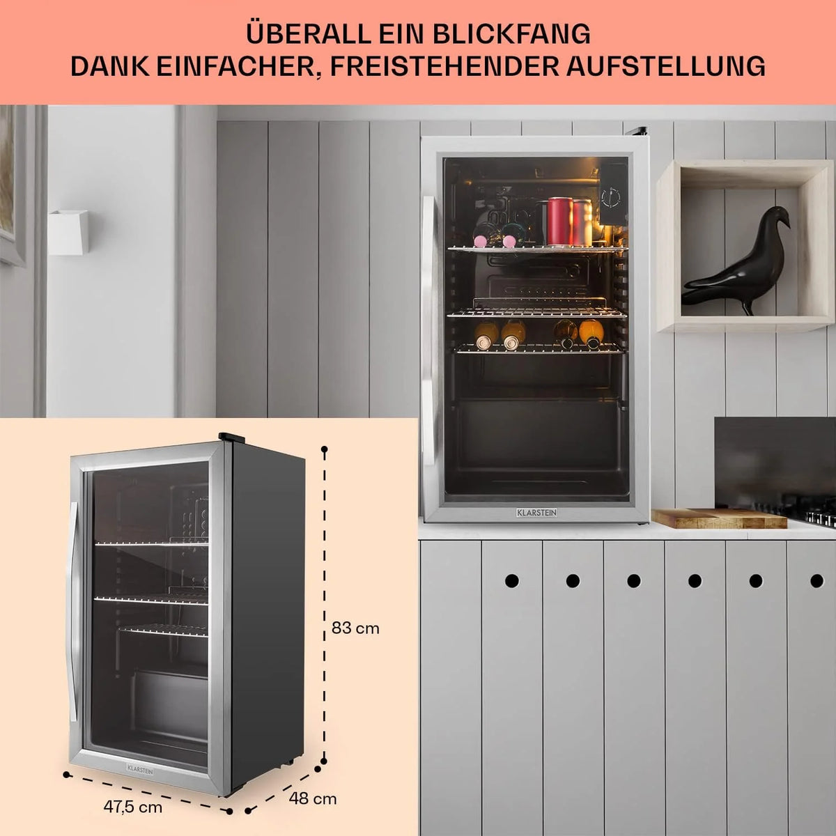 Klarstein Mini Kühlschrank mit Glastür. Mini. für Zimmer. Getränkekühlschrank Klein mit Verstellbaren Ablagen. 80 Liter. Indoor/Outdoor Kühlschrank