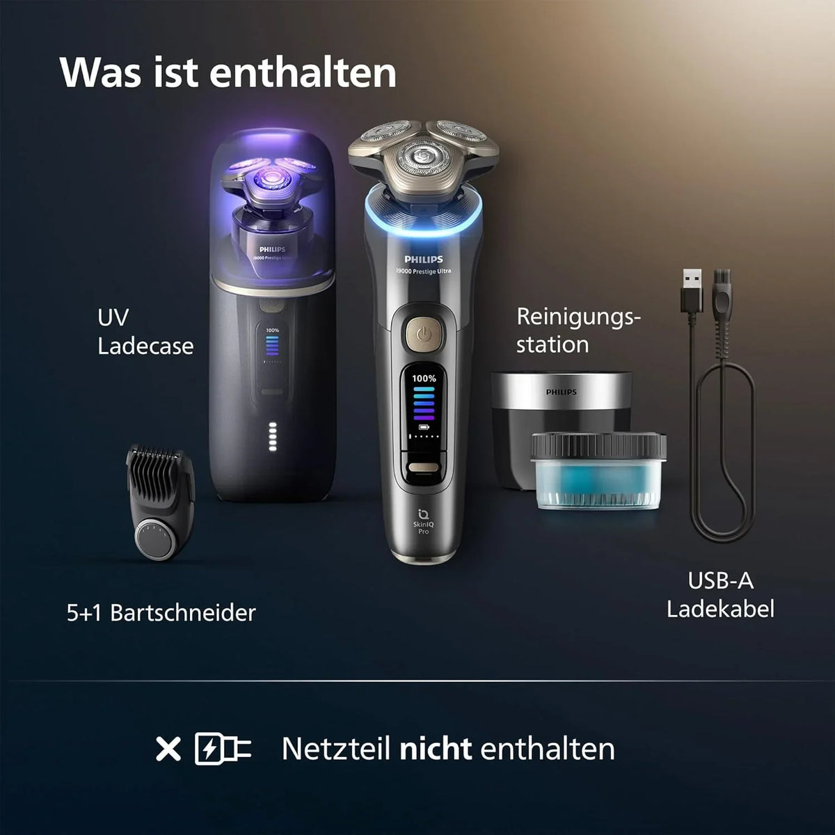 Rasierer i9000 Prestige Ultra. Nass- und Trockenrasierer für Herren. adriatic. Druck- und Bewegungssensor. 5+1 Bartstyler. Reinigungsstation. UV-