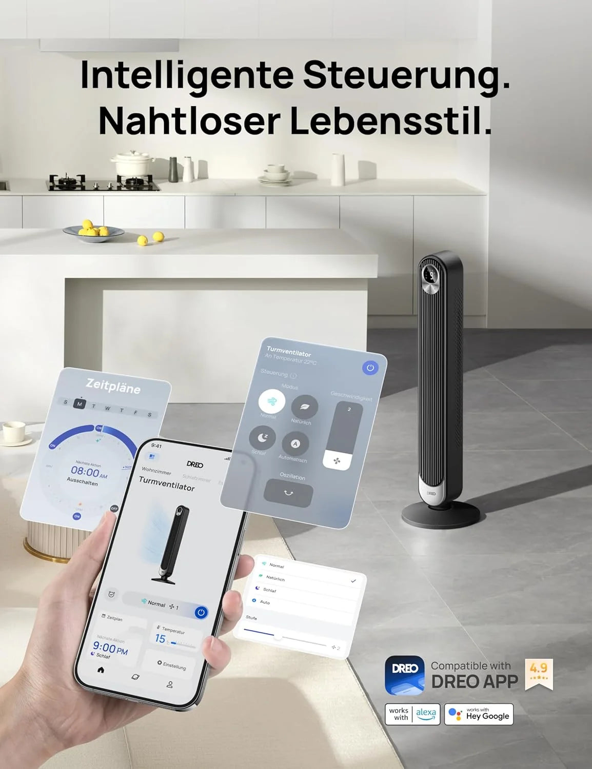 Dreo Smart 20dB DC Motor Turmventilator Leiser. 11M Windentfernung Ventilator mit Fernbedienung.9 Stufen 4 Modi. 90° Oszillierender Standventilator
