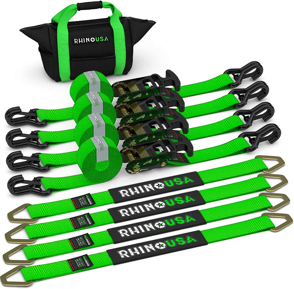 Car Tie Down Straps for Trailers with J Hooks (4-Pack) - 2 Inch x 8 Feet (10.000lb Break Strength) - Heavy Duty T-Handle Car Hauler Tire Straps for Trailer & UTV with Axle Straps - Black