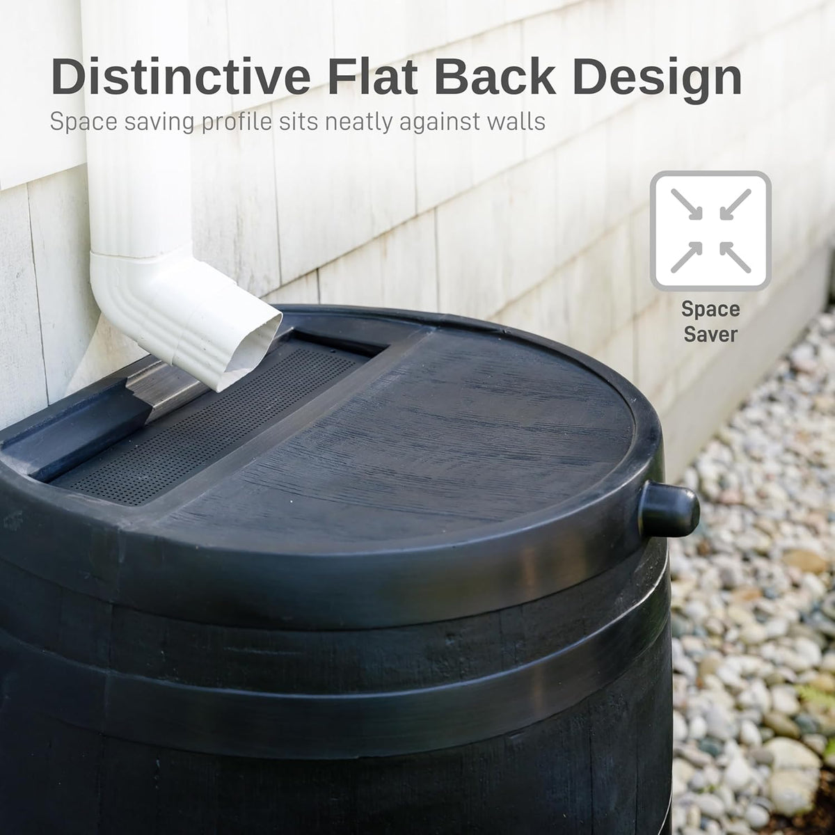 RTS Home Accents 50-Gallon ECO Rain Barrel Made with 100% Recycled Plastic. Flat Back Rain Water Collection Barrel. Black