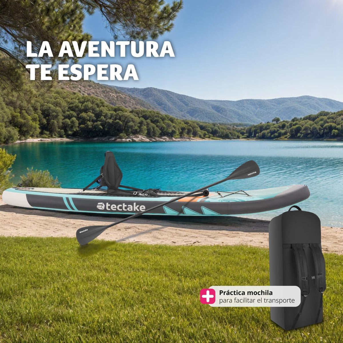 tectake Tabla de Paddle Surf Hinchable. Incluye Remo 2 en 1. Asiento de Kayak. Bomba de Aire. Mochila de Transporte. Stand Up Paddle. Accesorios
