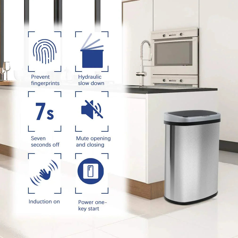 13 Gallon Automatic Kitchen Trash Can with Lid. Touchless Motion Sensor Garbage Bin
