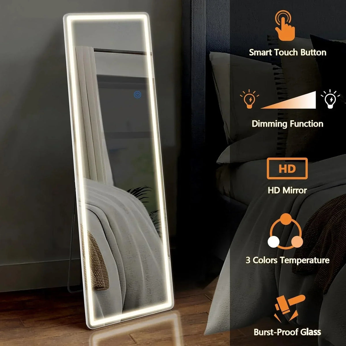 64 x 21 Inch Full Length LED Floor Mirror with Stand. Full Body Wall Mounted Mirror