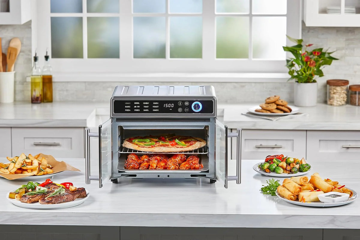 Fryer Toaster Oven Combo. 12 in 1 Countertop Convection Oven Cooks Food Fast. Fits a Whole Pizza or 6 Toast Slices. French Doors with Stainless Steel Finish