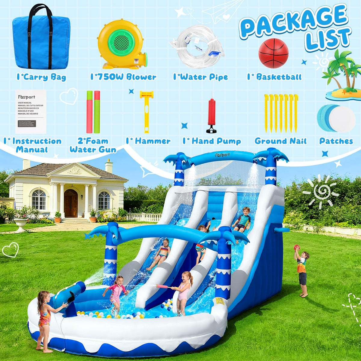 Hüpfburg XXL mit 2 Wasserrutsche für Gewerblichen Erwachsene & Kinder. Aufblasbare Bouncy Castle für Indoor Outdoor mit Gebläse Größe Pool Rutsche