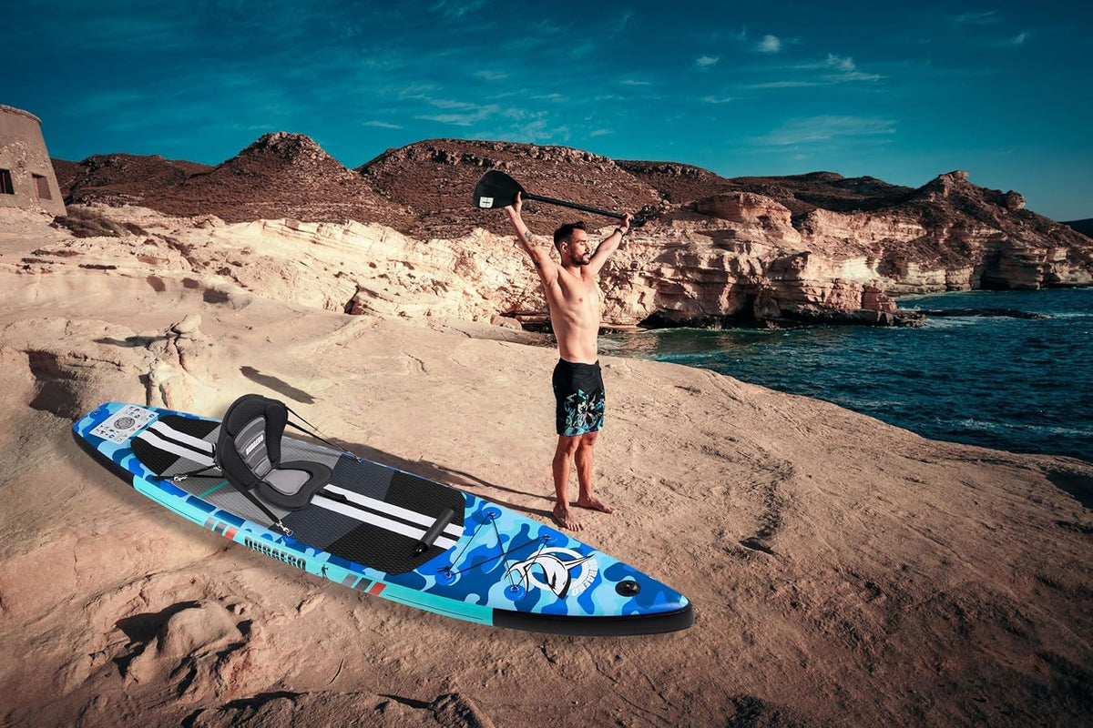 Inflatable Paddle Board with Kayak Seat. 330 x 76 x 15 cm. up to 150 kg. Integrated Pad. Detachable Fin. Double Adjustable Paddle. Repair Kit. Blue
