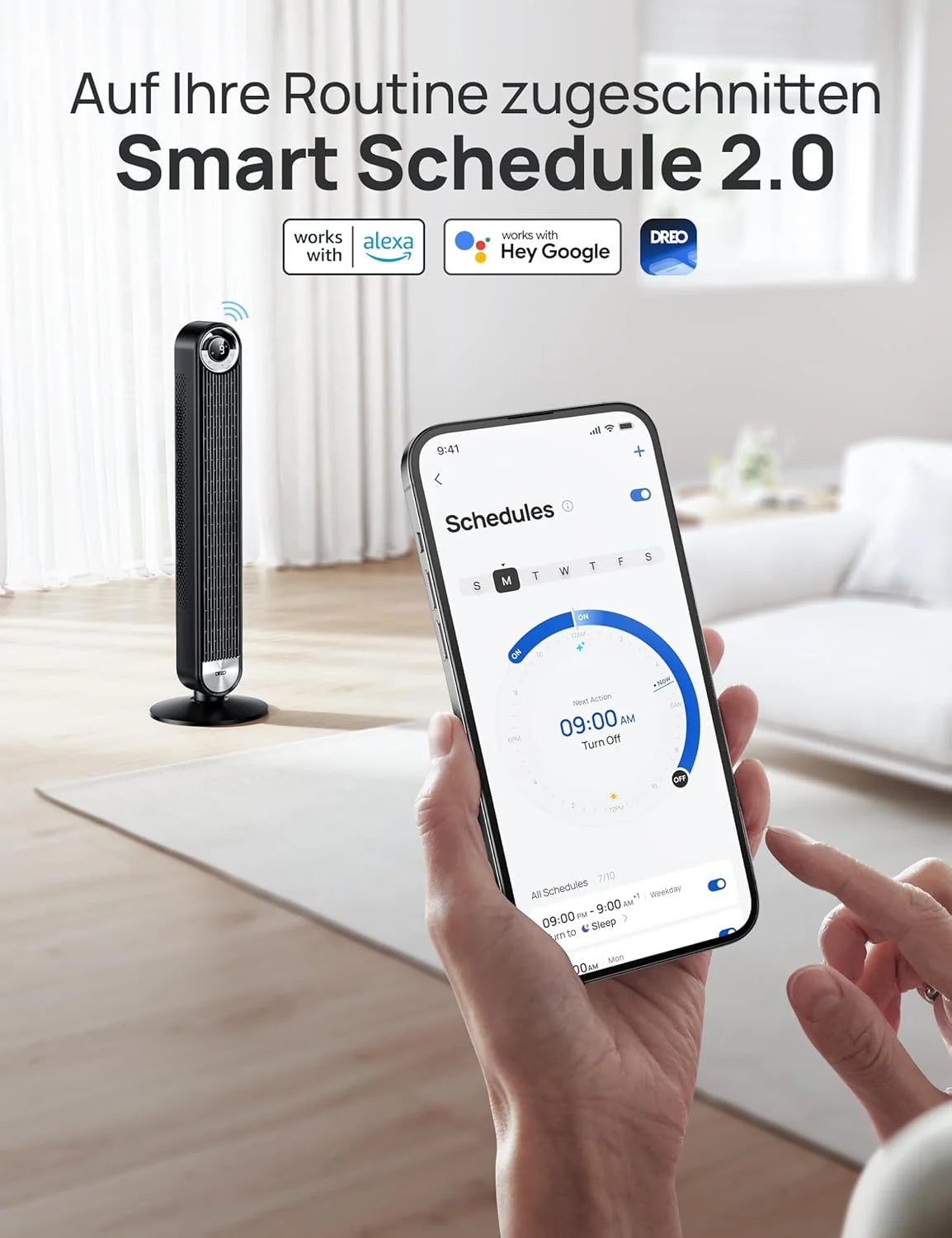 DREO 25 dB Leiser Smart Turmventilator. 106cm Höhe 4 Modi 9-Geschwindigkeit Max 7.9m/s 12H Timer 90° Oszillierender Ventilator mit Fernbedienung