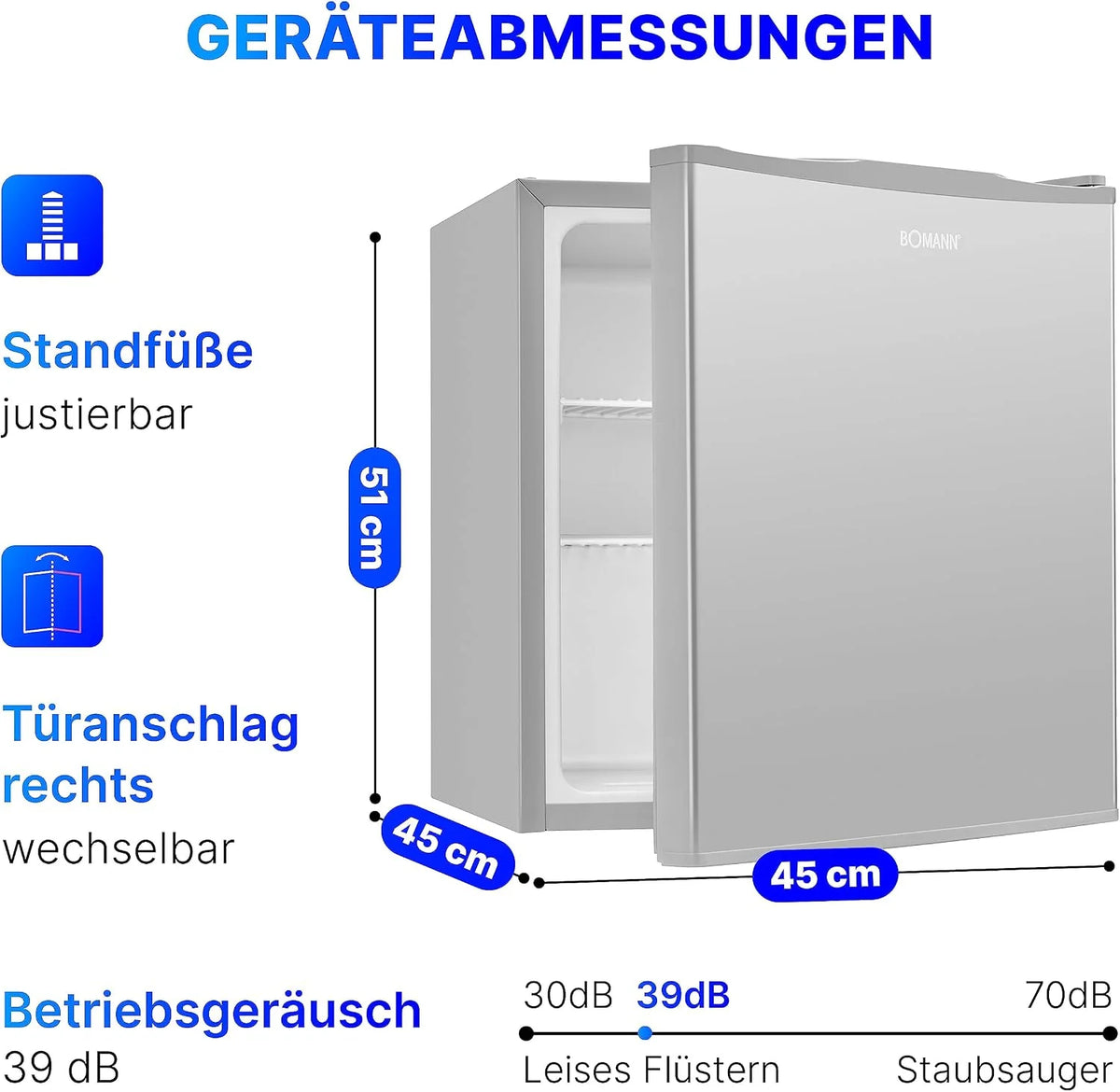 Bomann Mini Kühlschrank 42 Liter | Getränkekühlschrank klein für Büro. Camping und Gaming | kleiner Kühlschrank leise 39 dB | Minibar mit wechselbarem
