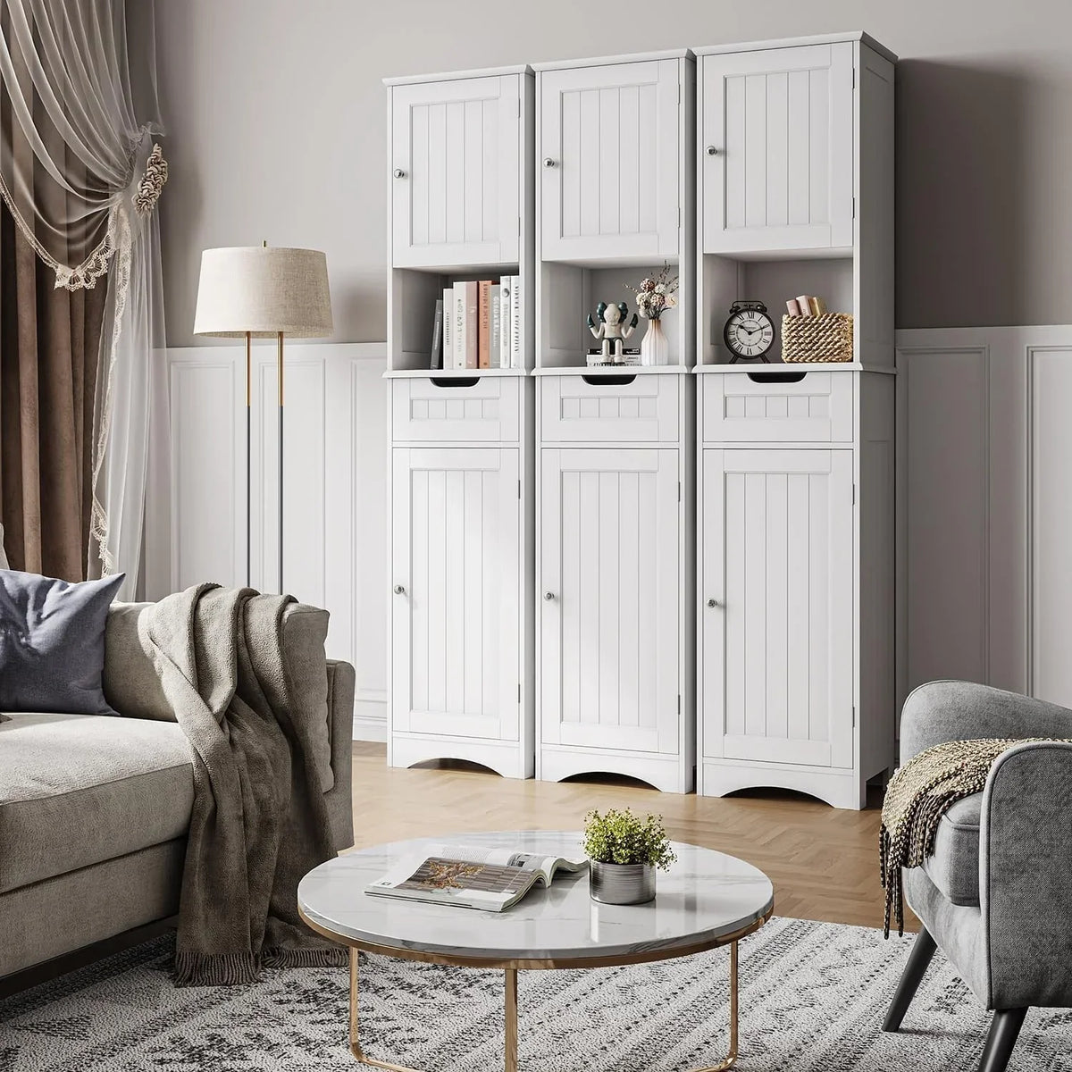 67 Inch Tall Narrow Bathroom Linen Cabinet. 5-Tier Solid Wood Freestanding Storage Cabinet