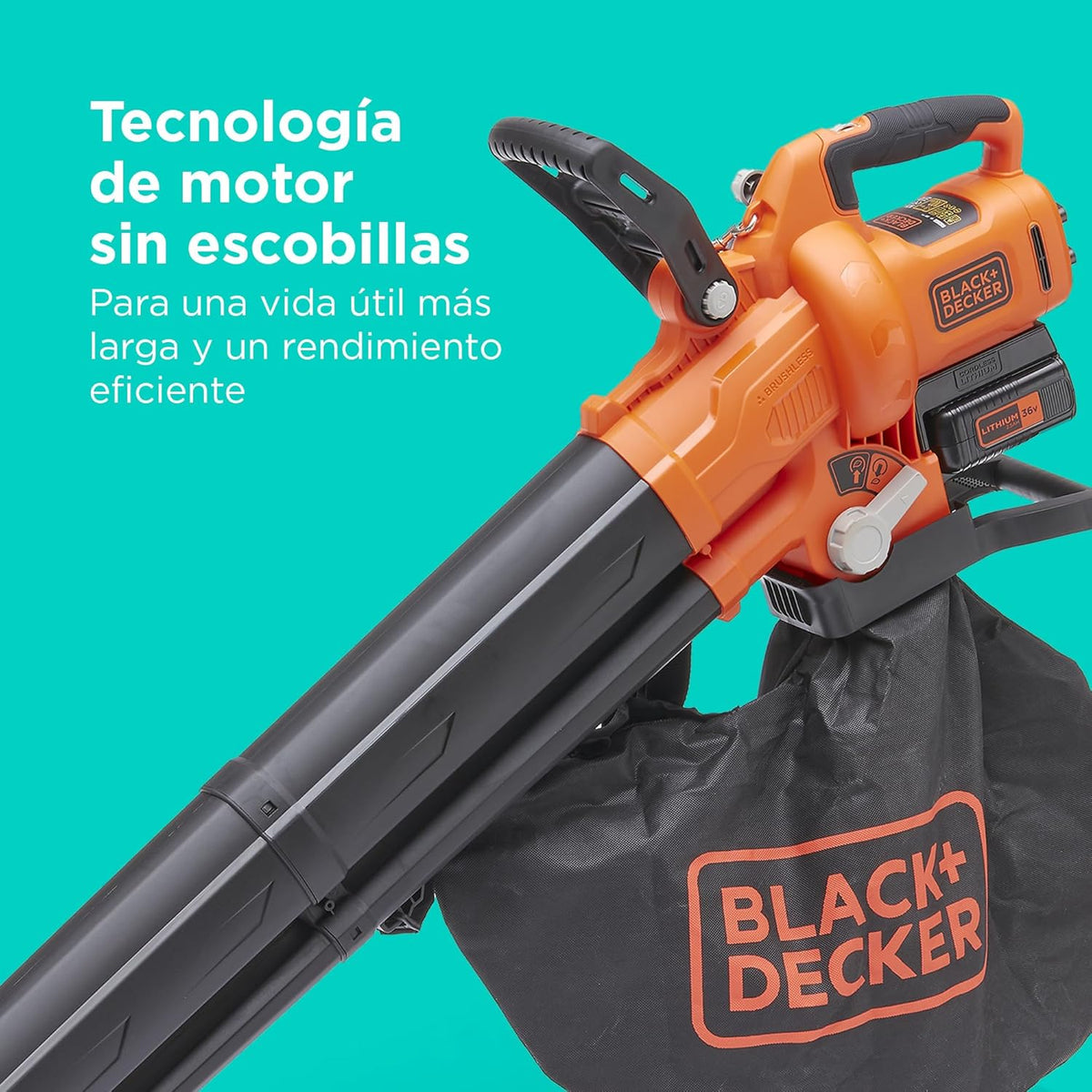 BLACK+DECKER Sopladora. aspiradora y trituradora de Hojas sin Cable de 36v. con Bolsa de recolección de 45L y batería de Litio de 2.5Ah. BCBLV3625L1-