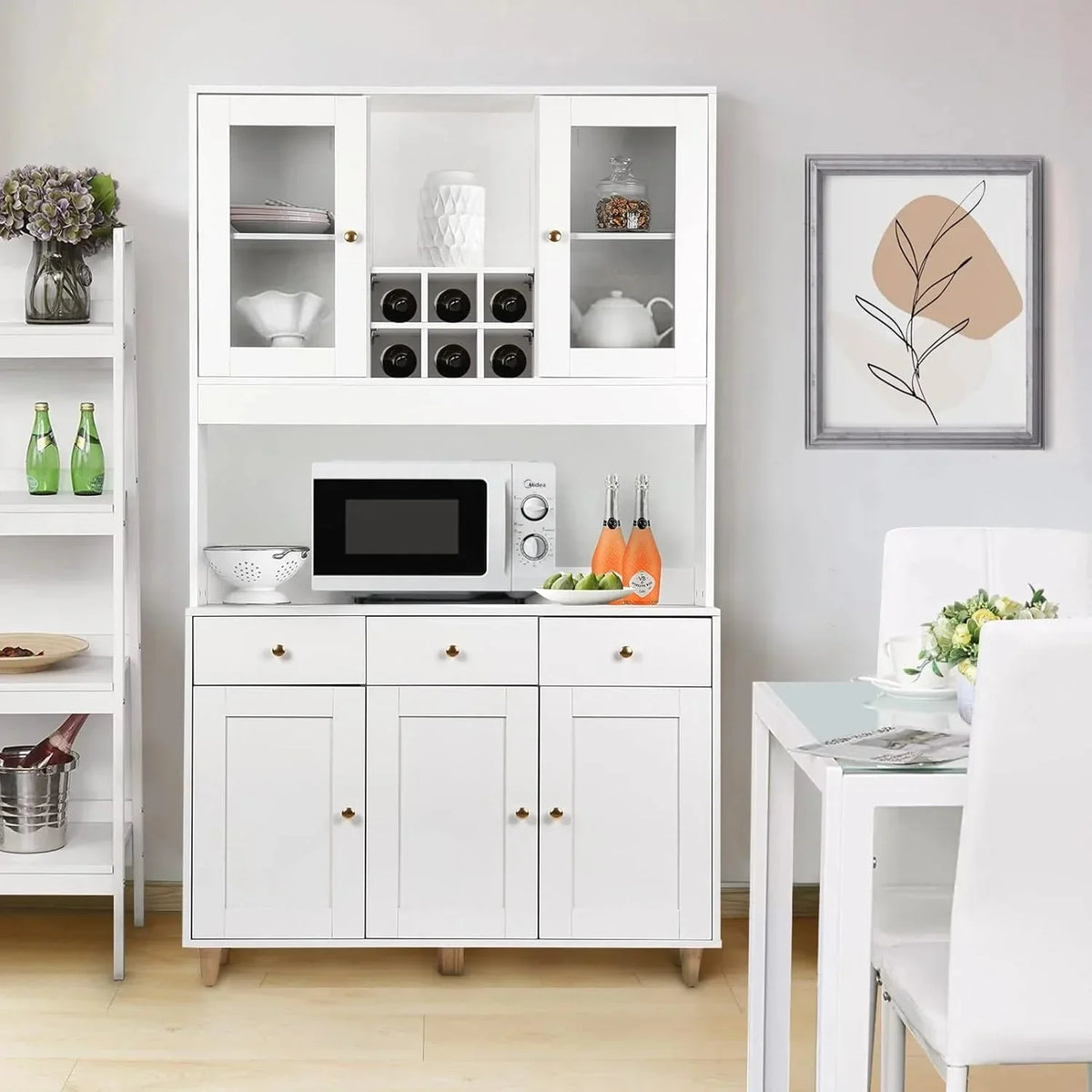 VOWNER Armario Aparador Cocina/Buffet. 100L x 38W x 181H cm. Mueble Auxiliar de Almacenaje. 5 Puertas y 5 Baldas Ajustables. Blanco
