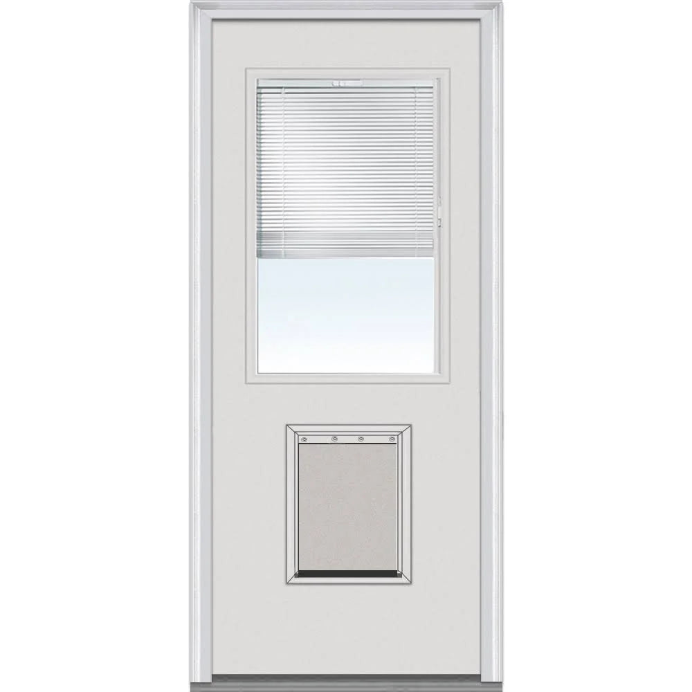 32 x 80-Inch Primed Steel Exterior Door. 1/2 Lite Clear Glass with Internal Blinds and Pet Door. Right-Hand Inswing
