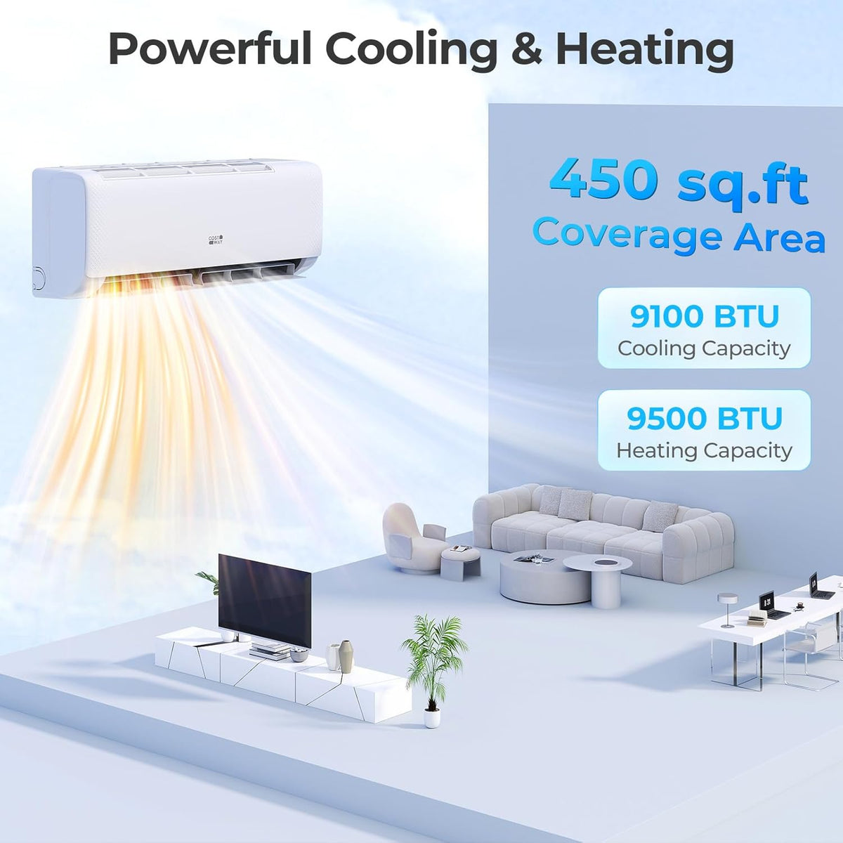12000-watt mini split air conditioner and heater. 20 energy efficiency rating. 115 volts. wall-mounted tubeless air conditioning unit. capable of cooling rooms with an area not exceeding 750 square feet. energy-efficient inverter air conditioner equi