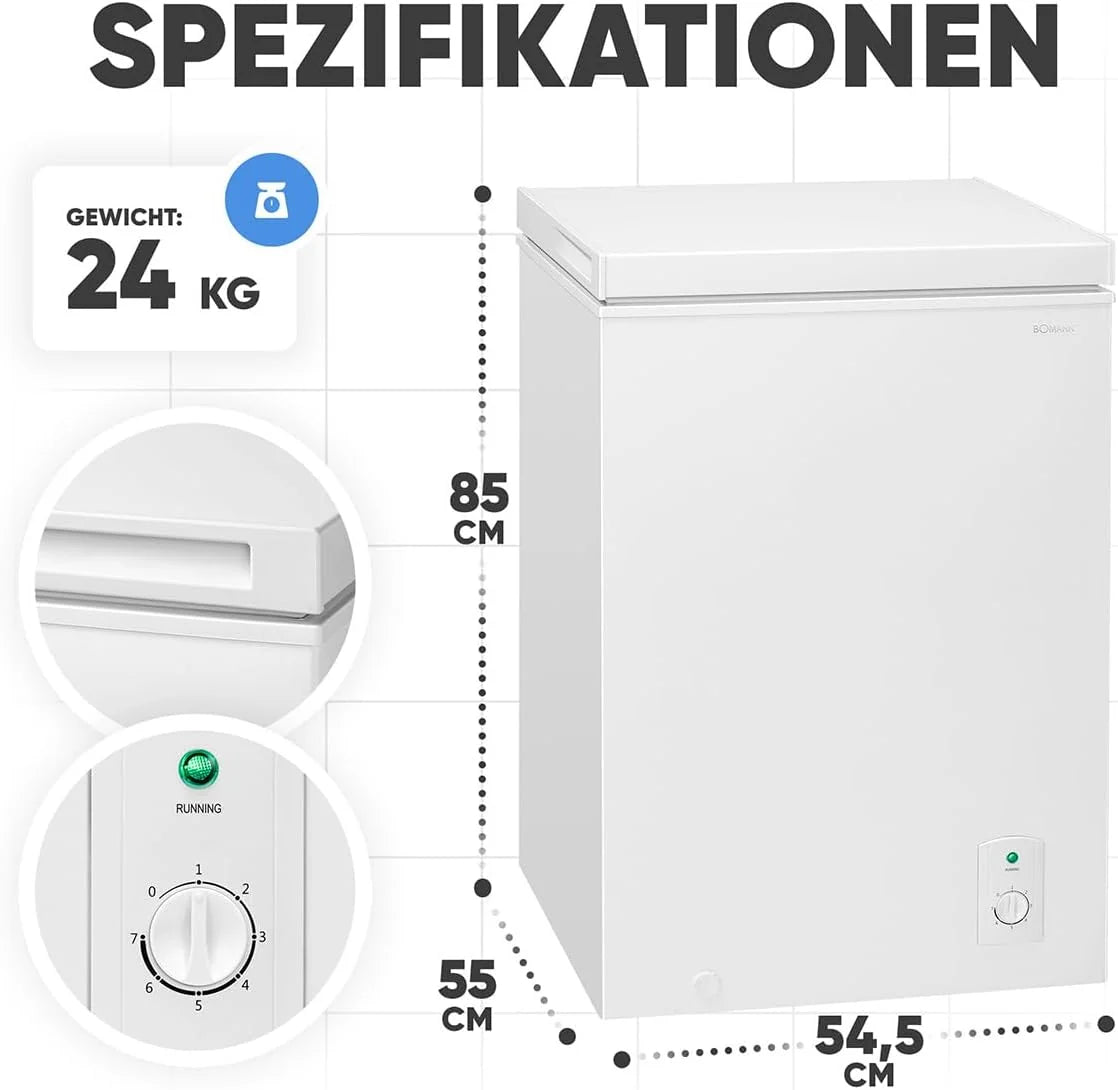 Bomann. 100L Gefriertruhe weiß GT7355 – 4 Sterne. Temperatur ≤ -18°C. Gefriervermögen 4.5 kg/24h. Kontrollleuchte. Temperatureinstellung. abnehmbar.