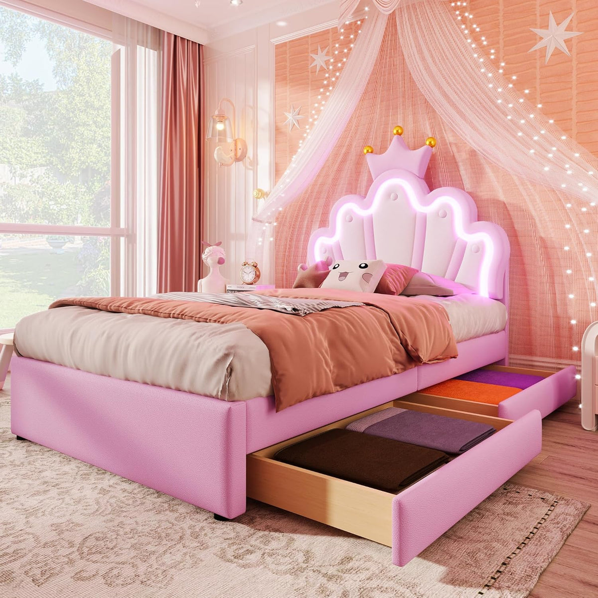 Kinderbett Polsterbett 90x200. Kronenförmiges Prinzessinnenbett. Einzelbett mit LED und 2 Schubladen. Bettgestell für Mädchen. mit Verstellbares