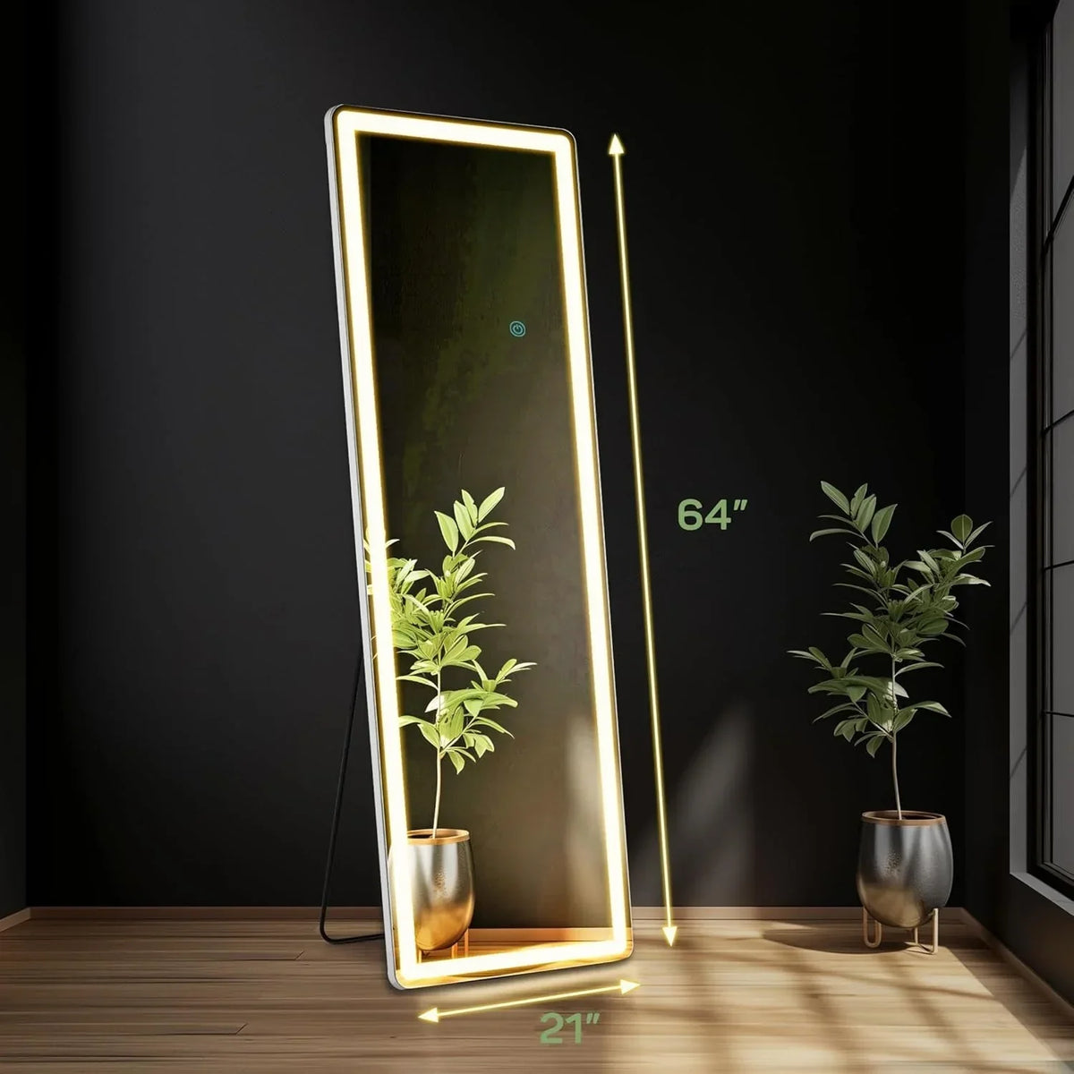 64 x 21 Inch Full Length LED Floor Mirror with Stand. Full Body Wall Mounted Mirror