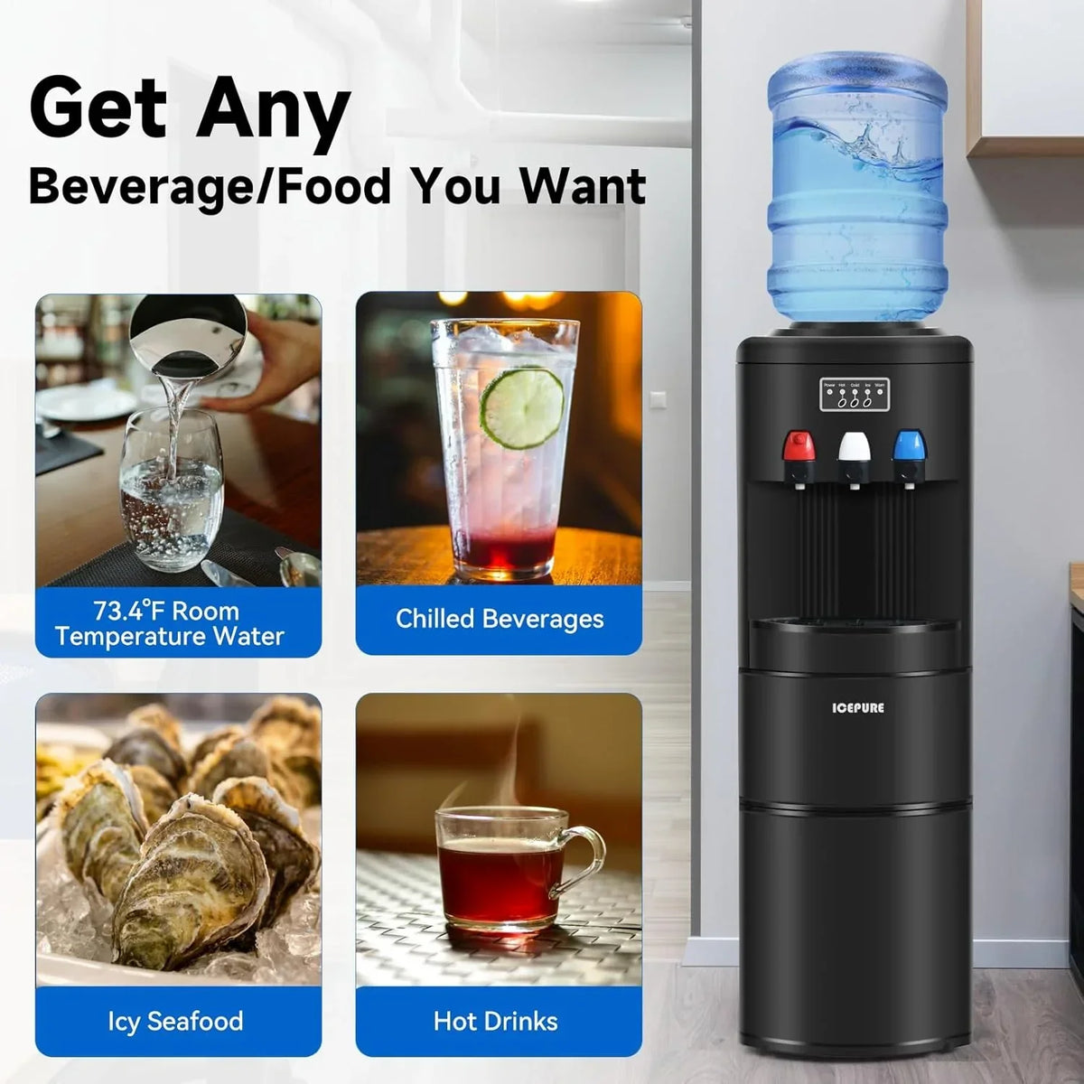 3-in-1 Hot & Cold Water Cooler with Built-in Ice Maker – Top Loading for 3-5 Gallon Bottles. Child Safety Lock. Black