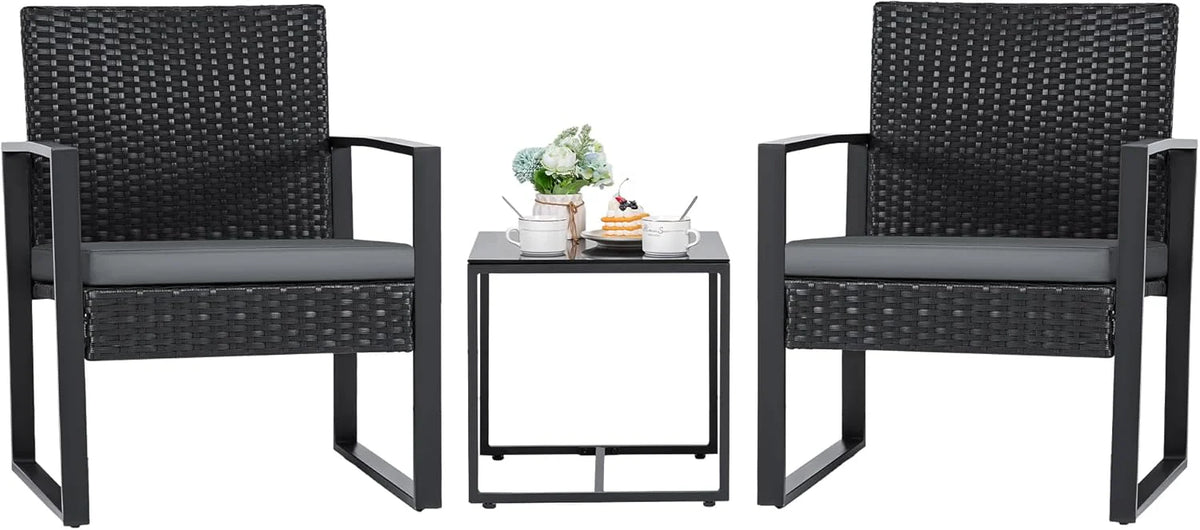 3 Pieces Patio Set Outdoor Wicker Furniture Sets Modern Rattan Chair Conversation Sets with Coffee Table for Yard and Bistro (Black)