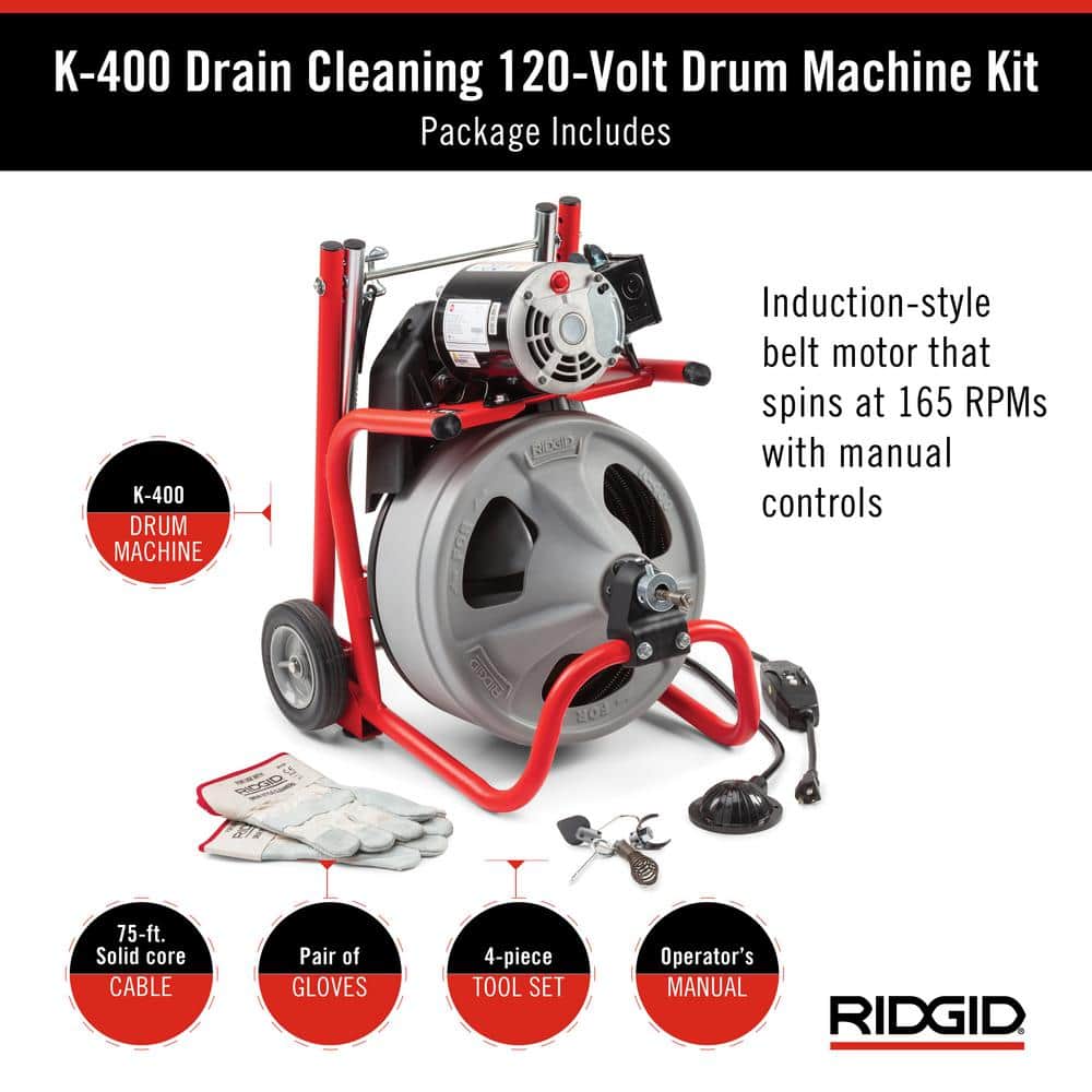 120V Drum Drain Cleaning Snake Auger with 3/8-In. x 75-Ft. Cable. 4-Piece Tool Set and Gloves