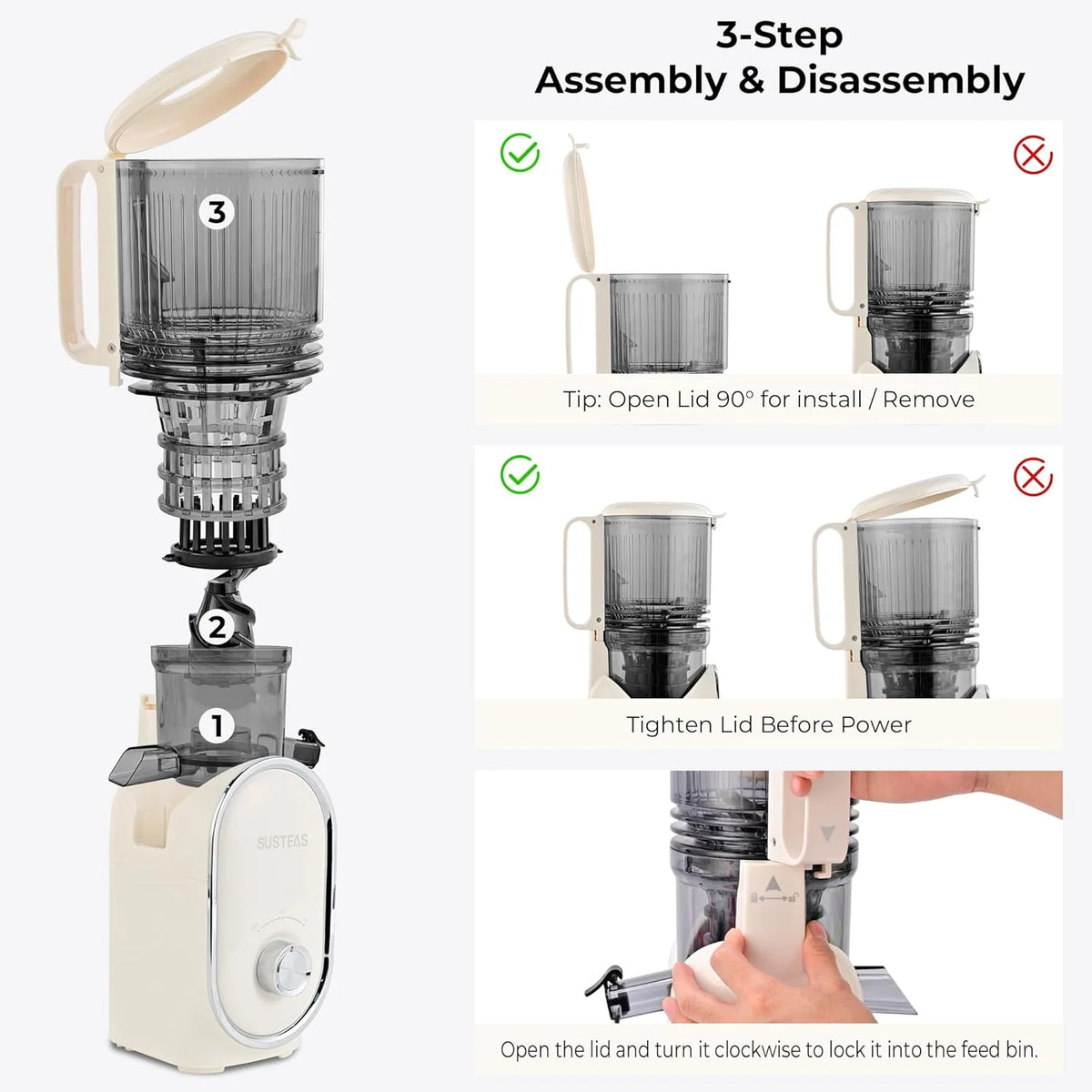Cold press juicer. 5.3-inch feed opening. slow-speed mixing type machine. power 300 watts. capable of extracting whole fruits and vegetables. easy to clean. high juice output. white appearance
