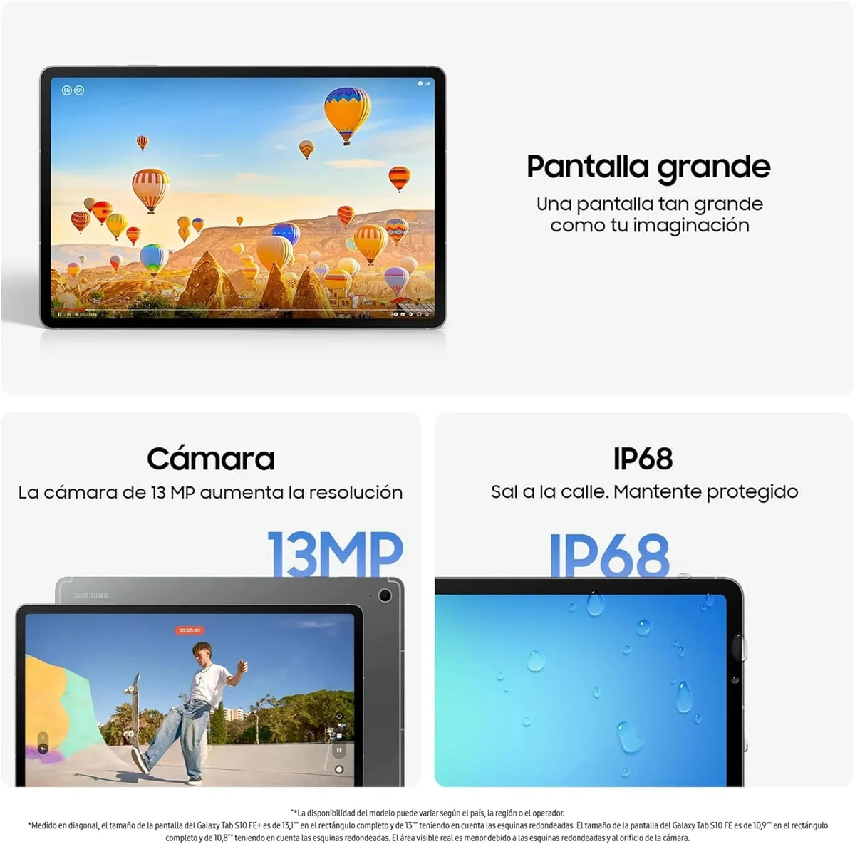 Galaxy Tab S10 FE 256GB. Tablet Android + S Pen. Galaxy AI. 8GB RAM. Pantalla de 10.9. Batería de Larga Duración. Azul. Garantía del Fabricante 3