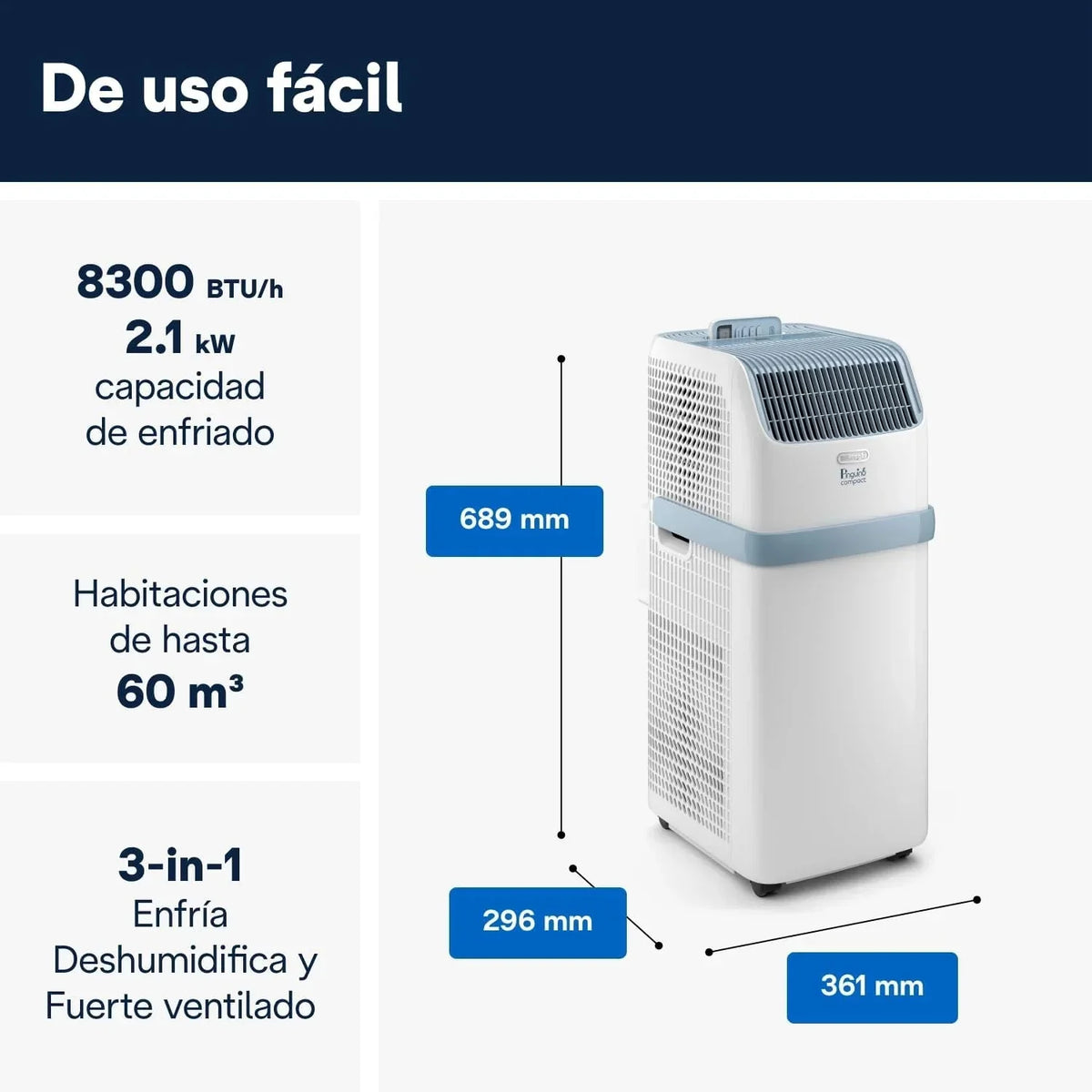 Pinguino Compact PAC ES72 YOUNG Aire Acondicionado Portátil 8.300 BTU/h. 2.1 kW. hasta 60m³. Función Deshumidificador y Ventilación. Temporizador 24