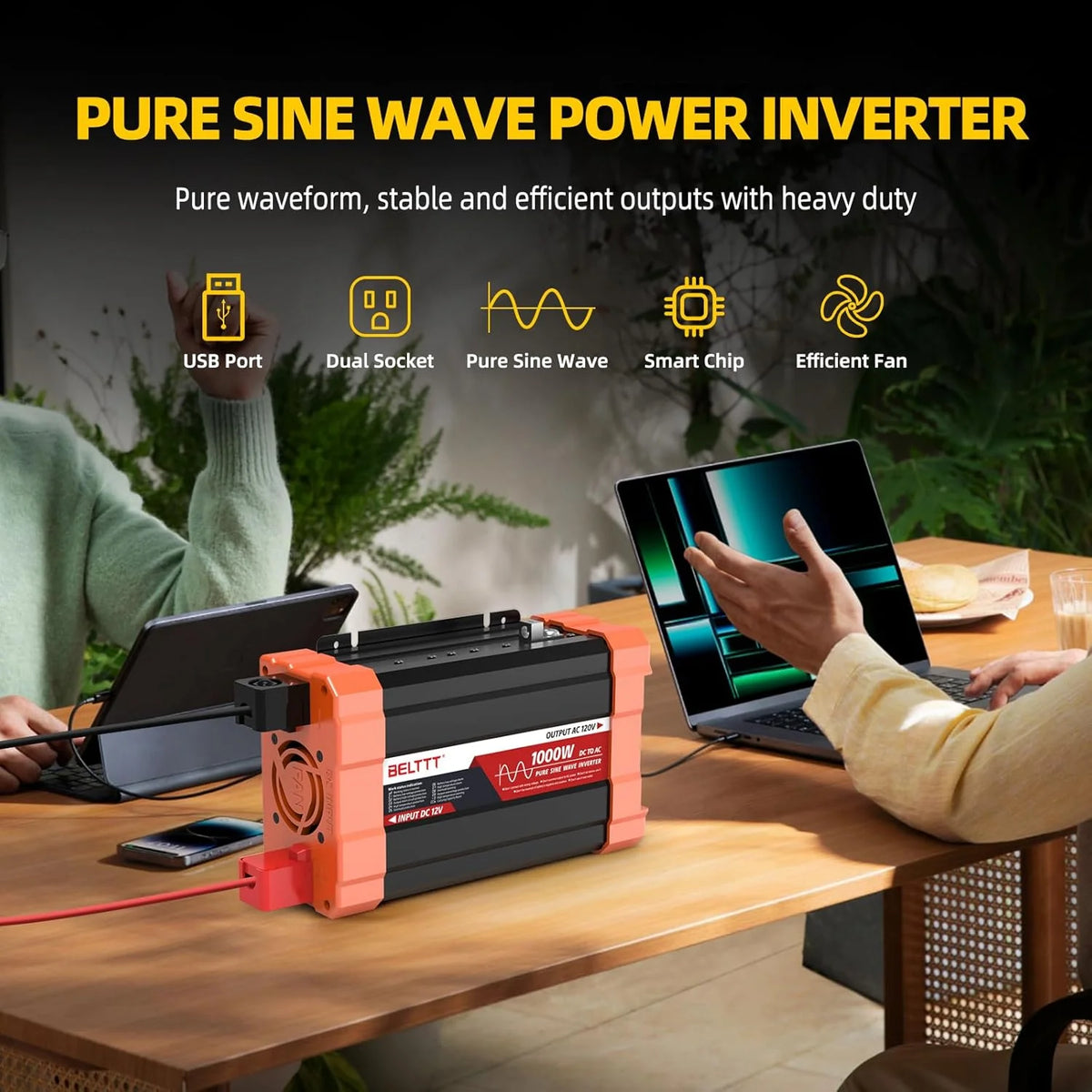 2000W Pure Sine Wave Inverter. Car Power Inverter 12V to 120V AC Converter for RV. Truck. Solar. Outdoor with Dual AC and 20A Socket. 5V 2.1A USB. Surge 4000W. Hardwire Port. Remote Controller