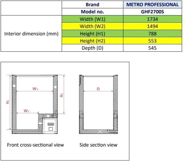 METRO Professional Congelador horizontal GHF2700S. 188 x 73.5 x 94.5 cm. 700 L. 125W. 3 cestas. iluminación LED. 6 ruedas. con cerradura. blanco/gris