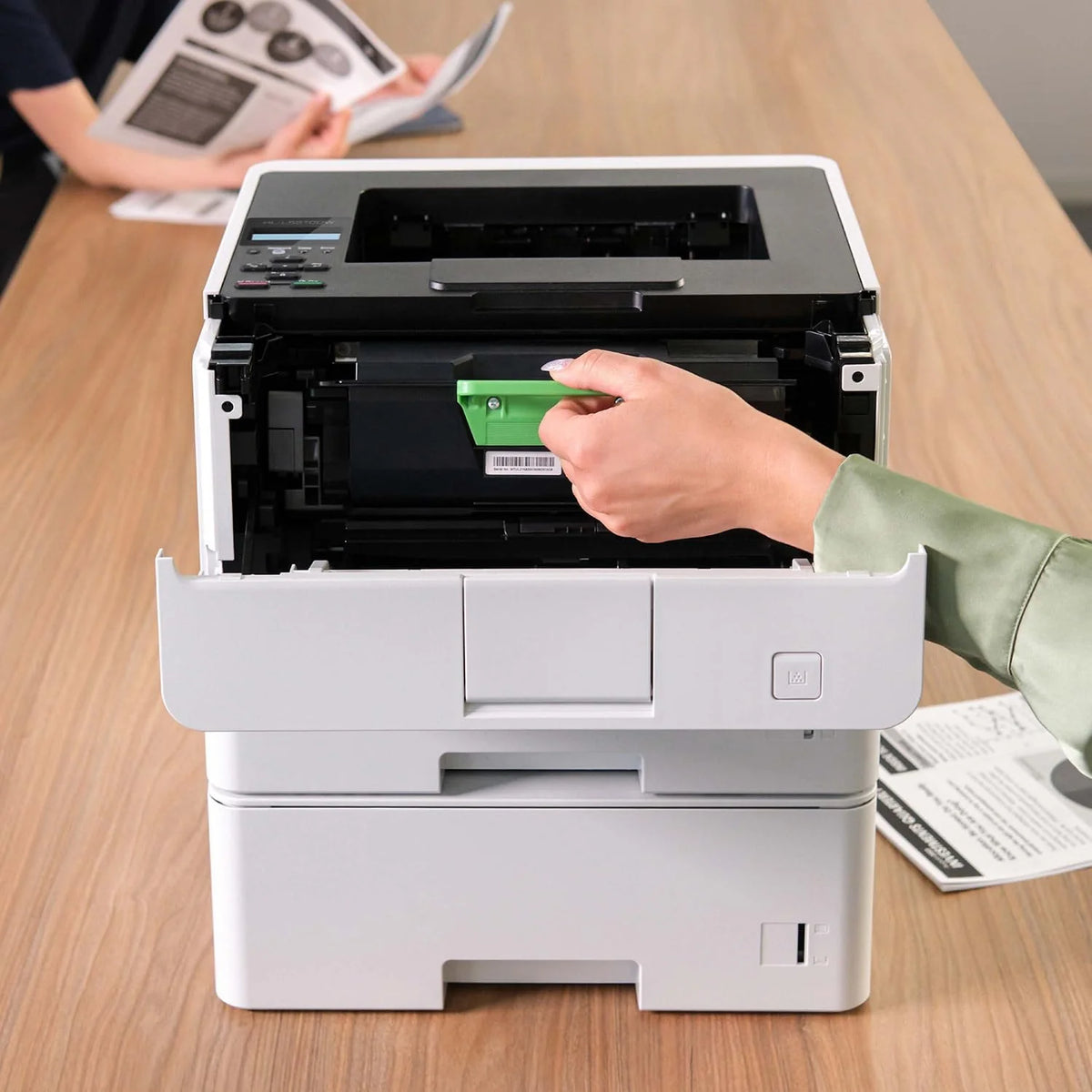 Business single-color laser printer. equipped with dual paper trays. wireless network and gigabit Ethernet connection. double-sided printing. large-capacity paper storage and mobile printing function. white model