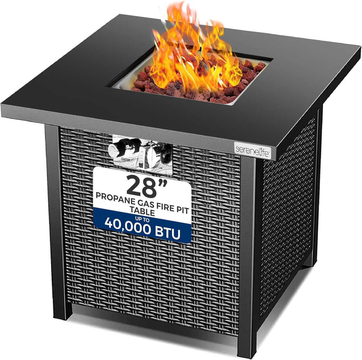Propane fire pit table. 40.000 watt outdoor square gas fire pit. with lid. weather-resistant metal material. adjustable flame. rock melting set. highly suitable for use on decks. backyards and platforms (30 inches × 30 inches × 11 inches)